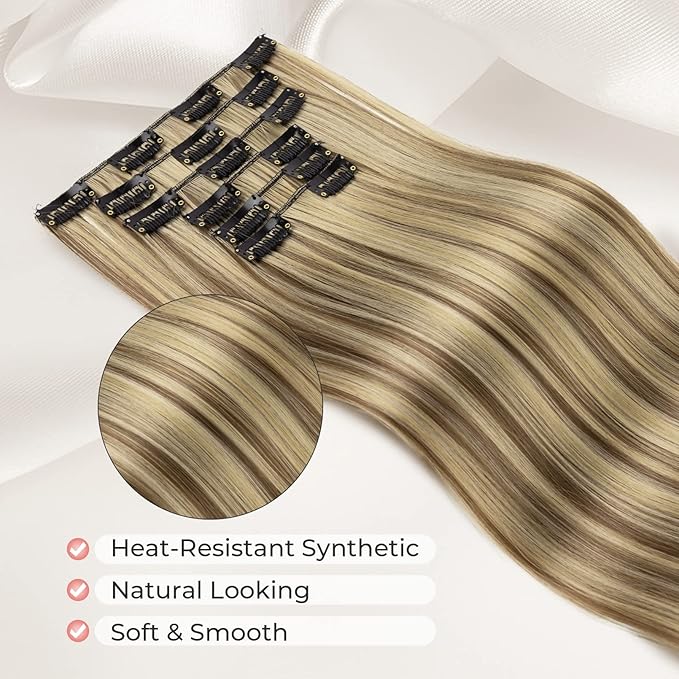 Clip in hair extensions，LONAI 6PCS Straight 24" Hair Extensions for Women，Heat Resistant Synthetic Hairpiece-Cool Brown with Blonde Highlights