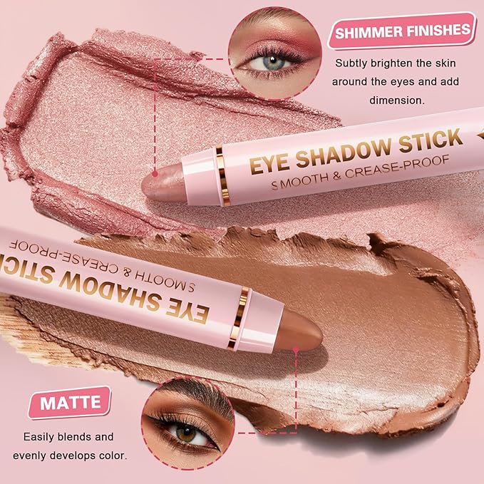 4 Colors Cream Eyeshadow Stick Set, Eye Shadow Brightener Stick Shimmer and Matte Finishes, Long-Lasting, Waterproof, Crease-Proof, Crayon Eye Shadow Pencil Highlighter Makeup Set B