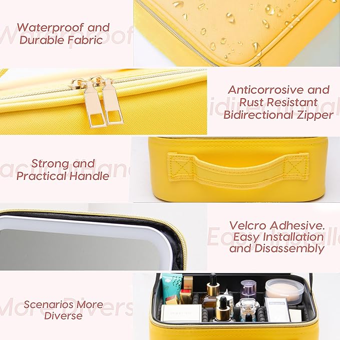 Gdsshuhung Makeup Bag with Mirror | Partitionable Professional Makeup Organizer | Large Travel Makeup Bag for Women | Cosmetic Case for Daily & On-the-Go Use (Light Yellow)