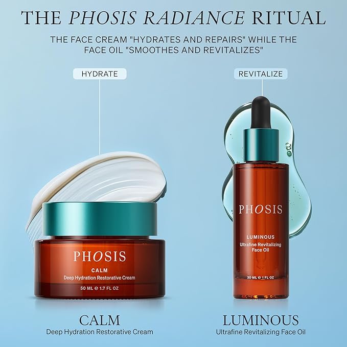 Phosis Revitalizing Face Oil and Luminous Calm Deep Hydration Cream Set - Moisturizer Duo for Dry, Sensitive, & Peri & Menopausal Skin with Vitamin C, Ceramides & Botanicals - 1.7 fl oz + 1.0 fl oz