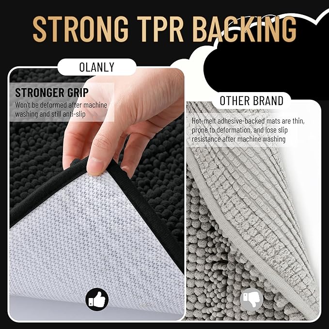 OLANLY Thick Toilet Rugs U-Shaped 24x20, Extra Soft Absorbent Chenille Striped Contour Bathroom Rugs for Toilet, Dry Quickly, Machine Washable, Non-Slip Bath Mat, Black