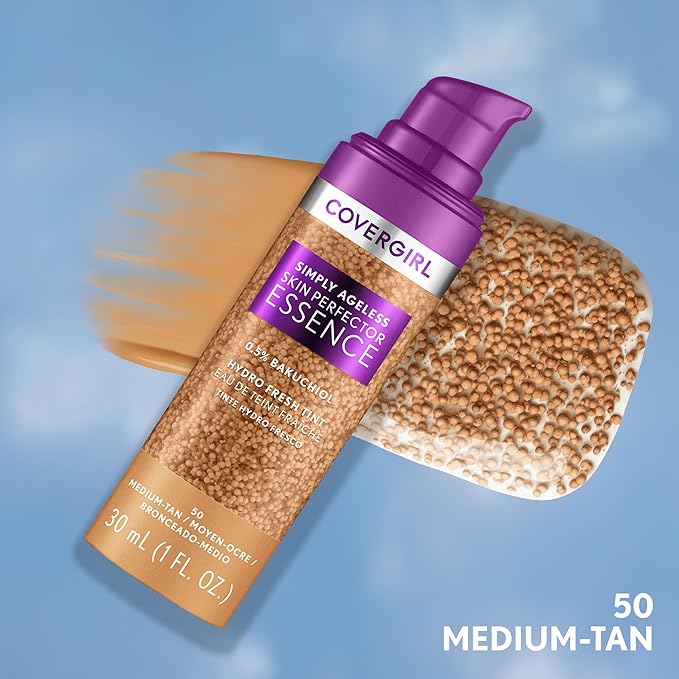 Covergirl Simply Ageless Skin Perfector Essence Foundation, 50 Medium-Tan, Tinted Skin Perfector, Skincare Makeup Hybrid, Sheer Tint, Radiant Finish, Skin-Like Finish, Vegan Formula, 1.0oz