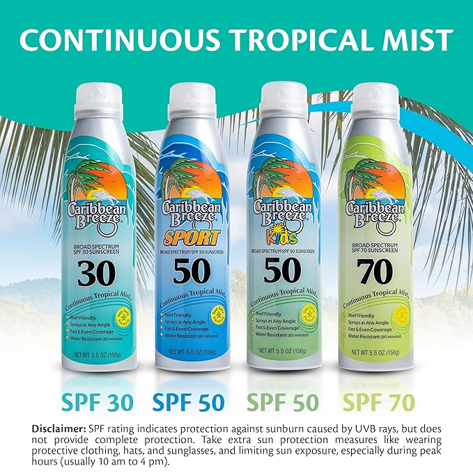 Continuous Tropical Mist Spray Sunscreen SPF 70, Reef Safe Sunscreen Spray, Up to 80 Minutes Water Resistant Sunscreen Face Spray, 5.5 Ounces, 2 Pack