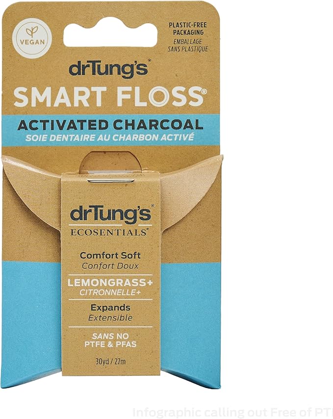 DrTung's Vegan Activated Charcoal Floss - Natural Dental Floss, Gentle on Gums, Expands & Stretches, BPA Free Floss - Lemongrass Flavor (Pack of 1)