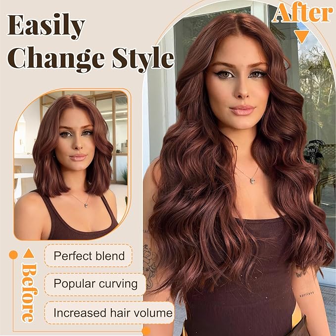 ALXNAN Clip in Long Wavy Synthetic Hair Extension 24 Inch Wine Red 4PCS Thick Hairpieces Fiber Double Weft Hair for Women