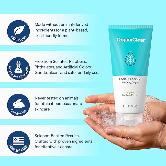 OrganiClear Facial Cleanser w/Organic Tea Tree & Salicylic Acid – Gentle Daily Foaming Gel Face Wash for Deep Cleansing & Makeup Removal – Unclogs Pores, Eliminates Dirt & Oil - No Dryness, (2 oz)
