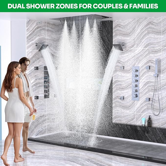 HOMEDEC Dual Shower Faucet Set for Couples, 15x28" 4-Function & 6" Side Shower Heads, 5-Way Diverter Valves, Shower System with Body Jets, Chrome