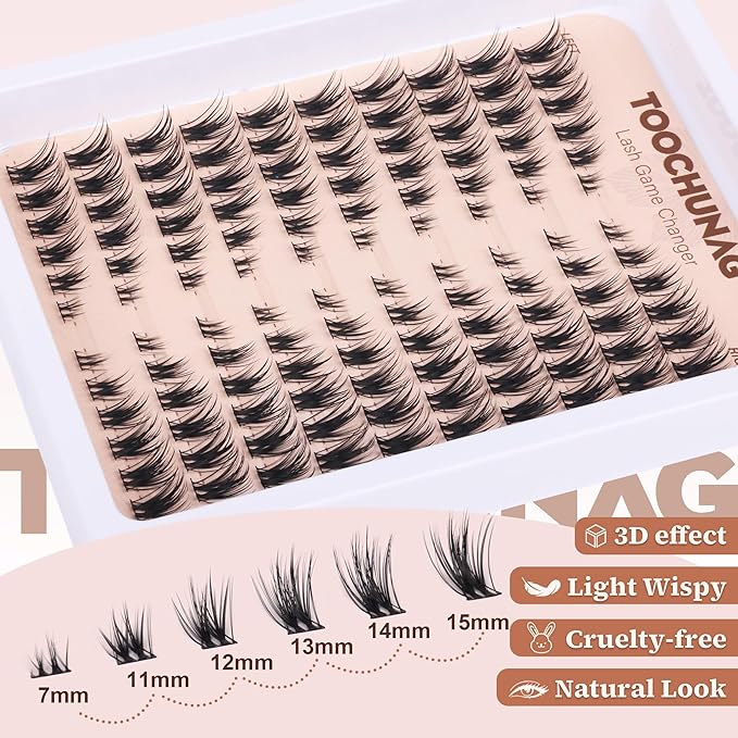 TOOCHUNAG Natural Lash Clusters Left&Right Cluster Eyelash Extensions 3D Wispy Individual Eyelashes 7-15mm Thin Band Cat Eye Lashes Clusters CD Curve Lash Extension