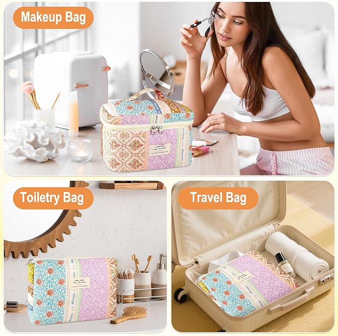URSKYTOUS 3Pc Cotton Quilted Makeup Bags for Women Large Small Coquette Floral Travel Cosmetic Bag Set Aesthetic Cute Flower Makeup Pouch Portable Toiletry Bag Puffy Essential Storage Organizer Bag