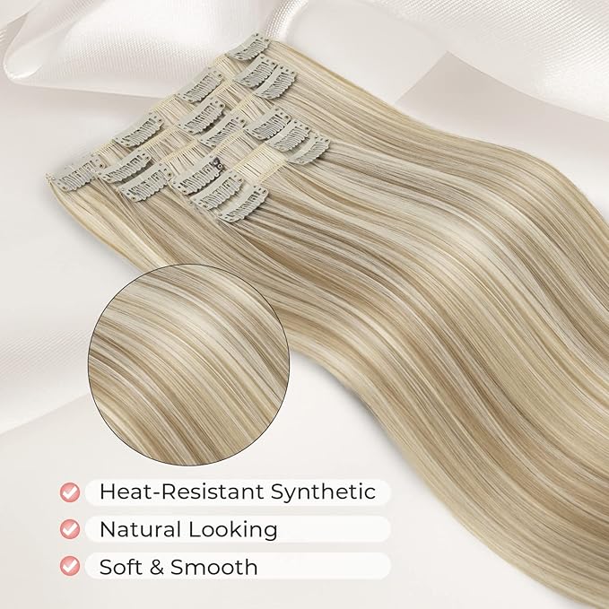 Clip in hair extensions，LONAI 6PCS Straight 24" Hair Extensions for Women，Heat Resistant Synthetic Hairpiece-Light Blonde with White Blonde Highlights