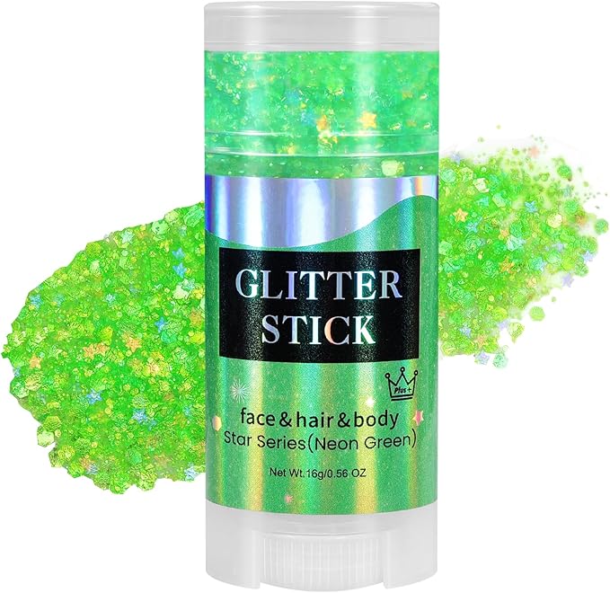 Mysense Neon Green Body Glitter Stick, Lime Green Face Hair Glitter, Mardi Gras Festival Rave Outfit for Women, St Patricks Day Accessories, Sparkling Mermaid Sequins Chunky Glitter Makeup, 0.56oz