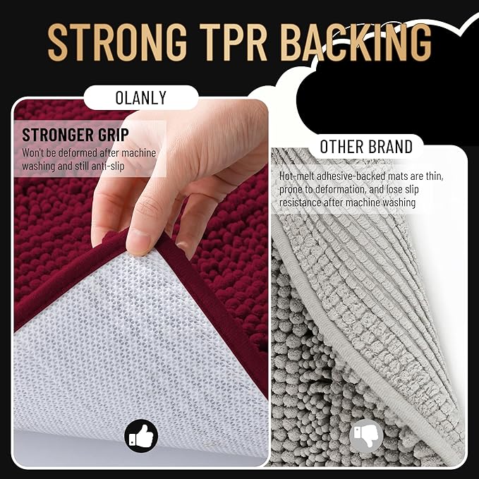 OLANLY Thick Bathroom Rugs 24x16, Extra Soft Absorbent Chenille Striped Bath Rugs, Rubber Backing, Machine Wash Dry, Bath Mats for Bathroom Floor, Tub and Shower, Home Decor Accessories, Burgundy
