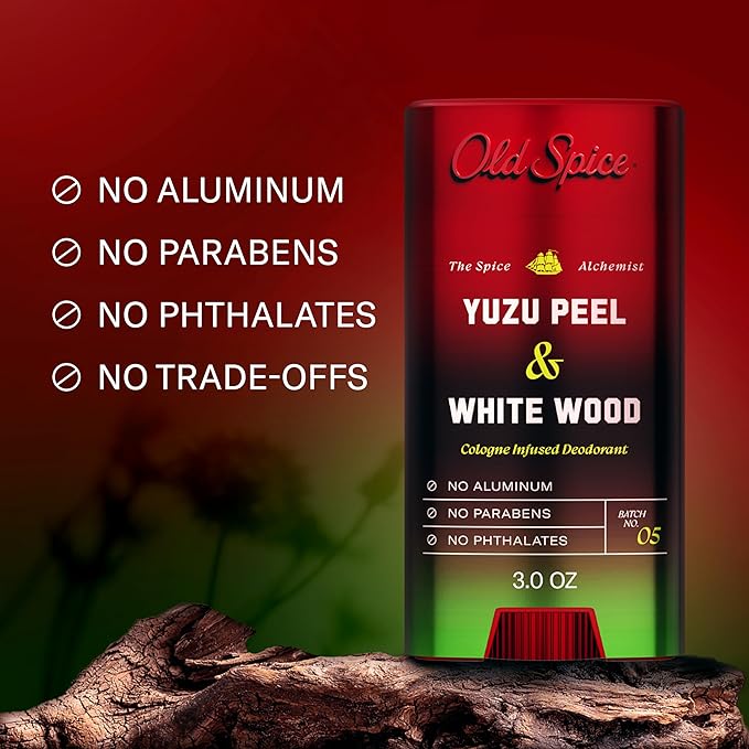 Old Spice Aluminum Free Deodorant for Men, The Spice Alchemist Collection, 24/7 Cologne Infused Scent, No Trade Off Formula, Free of Parabens & Phthalates, Yuzu Peel + White Wood Scent, 3.0 oz