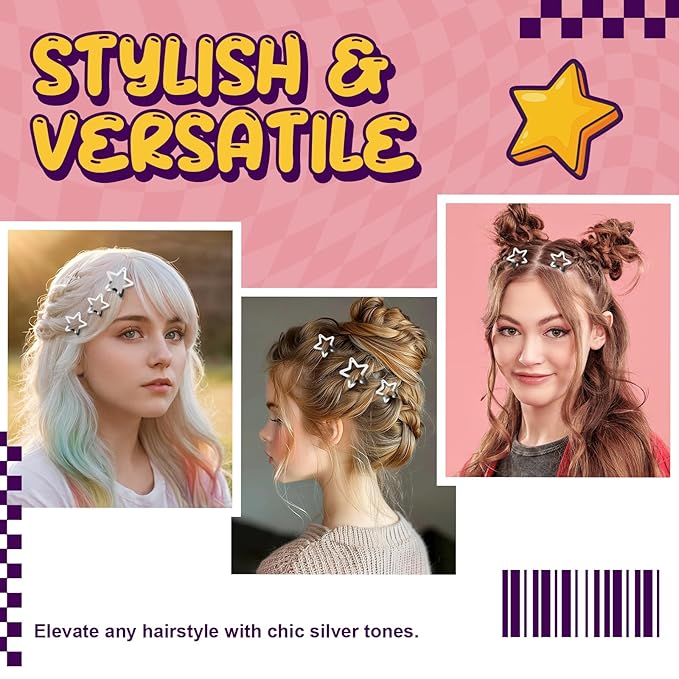 50 Pcs Metal Star Hair Clips Silver, Rave Y2K Accessories for Women Girls Teens, Small Cute Fashion Kawaii Snap Hair Pin Barrettes for Festival Concert 1.22" and 1.61"