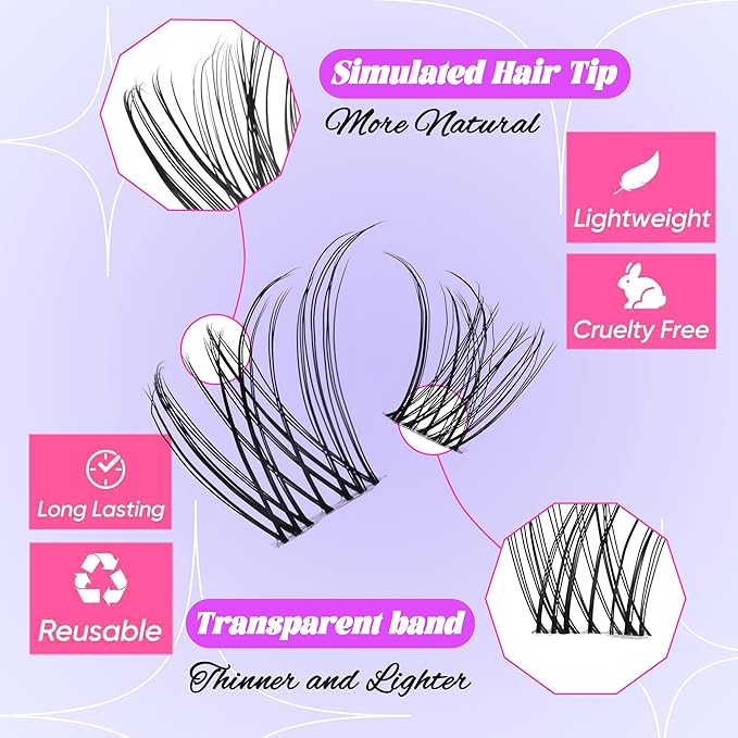 Natural Lash Clusters Kit Wispy Lash Invisible Lash Band Cluster Eyelash Extensions Kit 8-16mm Individual Lashes Extension DIY D Curl Eyelash with Waterproof Clear Lash Band Clusters