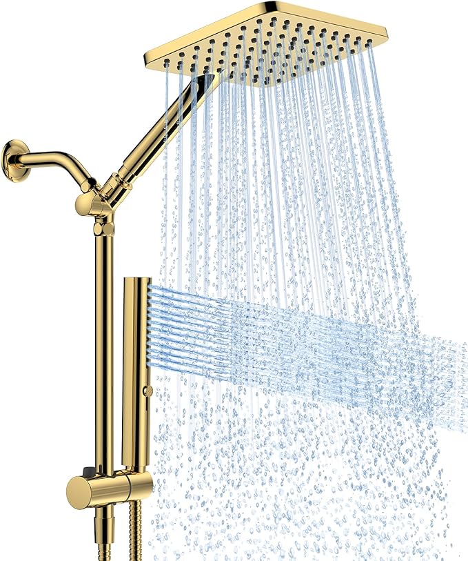 Hombeter Shower Heads with Handheld Spray Combo Gold, 10 Inch High Pressure Rain/Rainfall Shower Head, Height Adjustable Dual 2 in 1 Shower Head System with Stainless Steel Hose