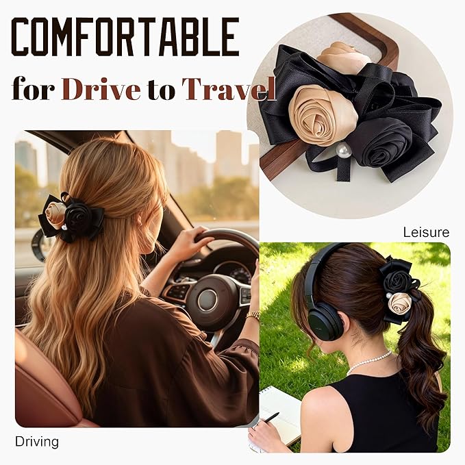 2 Pack Satin Rose Banana Clips for Fine to Medium Hair, Flower Ponytail Holder with Pearl, Non-Slip Vertical Clamp, Vintage French Hair Accessories (Black & Brown)