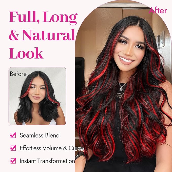 KooKaStyle Clip In Hair Extensions, Natural Long Layered Soft Invisible Synthetic Curly Wavy Hairpieces for Women, 4 pcs (20 Inch,Black Mix Red Highlights)