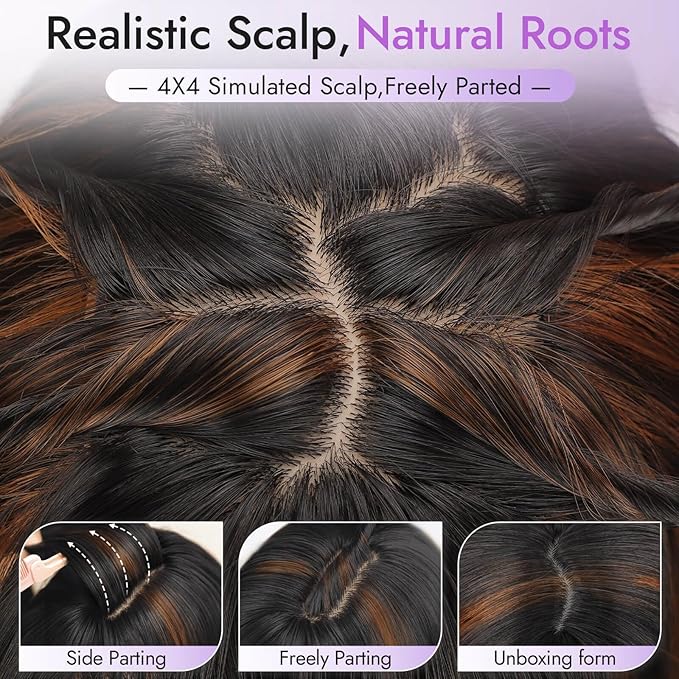 Long Black with Brown Highlights Wig with Bangs for Women,4x4 Realistic Scalp,Free Parting,Layered Hairstyle Synthetic Heat Resistant for Daily Party Use 26 inch