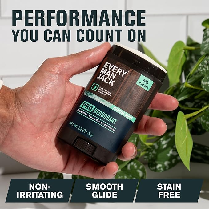 Every Man Jack Men's Pro Deodorant - 48-Hour Odor Defense Blend - Aluminum Free - Contains Postbiotics, Tapioca Starch & Oat Powder - Coastal Surf Scent - 2.6 oz - 1 Pack