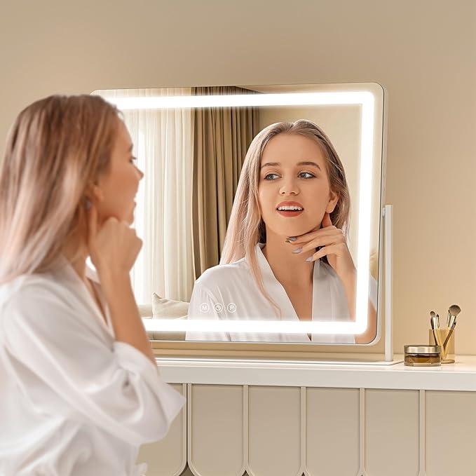 Large Vanity Mirror with Lights 34'' x 25.6'' - Touch Screen Hollywood Makeup Mirror, 3 Color Modes + Dimmable LED Lighting, Premium Aluminum Frame for Dressing Table