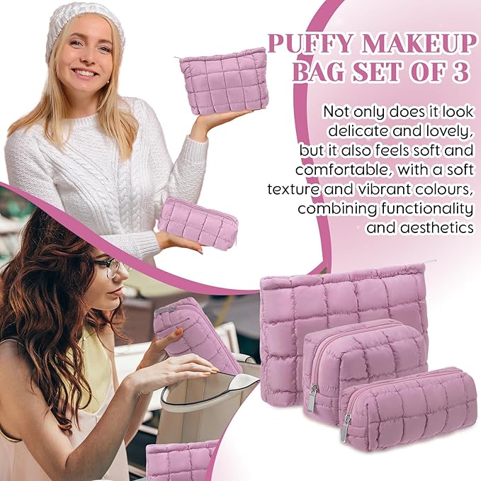 Huhumy 3 Pcs Puffy Makeup Bag Quilted Cosmetic Pouch for Women Cute Checkered Travel Toiletry Bag Puffer Makeup Organizer Purse Pouch Preppy Pencil Case with Zipper(Nude Pink)