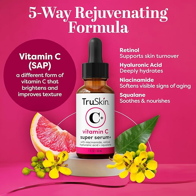 TruSkin Vitamin C Super Serum for Face – All-in-One Anti-Aging Serum with Vitamin C, Retinol, Niacinamide, Hyaluronic Acid & Squalane – Improve Appearance of Dark Spots, Firmness & Texture, 2 Fl Oz