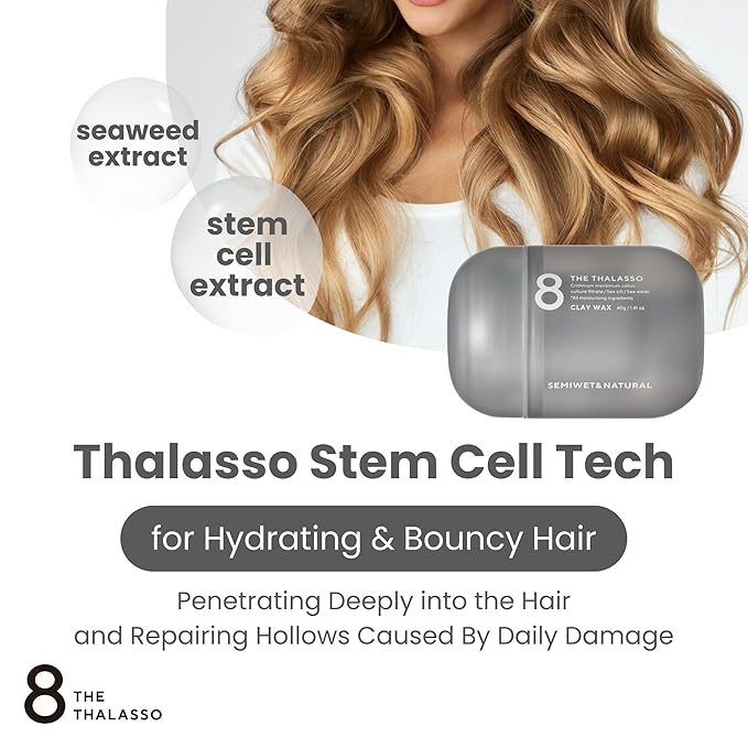 8 THE THALASSO Hydrating Hair Styling Clay Wax for Semi-Matte Finish, Non-Sticky Hair Wax from Japan with Natural Oils & Deep Ocean Water, SEMIWET & NATURAL, Aqua White Floral Scent, 1.41 Oz / 40g