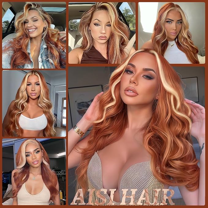 AISI HAIR Ginger Mixed Blonde Wig for Women, Long Wavy Lace Hairline Middle Part Synthetic Wig for Daily Party-26 Inch