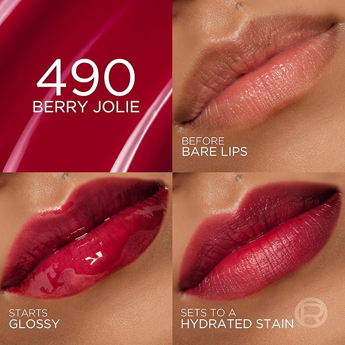 L'Oreal Paris Hyaluron Tint Lip Stain Serum, Long Lasting, Hydrating Lip Makeup Infused with Hyaluronic Acid, 490 Berry Jolie (Rich Deep Berry)