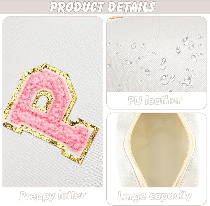 URSKYTOUS Initial Makeup Bag Personalized Preppy Travel Small Cosmetic Bag Cute PU White Chenille Letter Makeup Pouch for Purse Waterproof Zippered Toiletry Organizer for Women Girl Kid Friends (P)