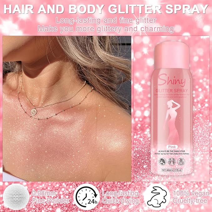 Hair and Body Glitter Spray, 60ml Pink Glitter Hairspray Dry Powder Makeup for Clothes, Festival Rave Prom Loose Sparkle Powder,Holographic Ultra Fine Glitters for Crafts (Pink)