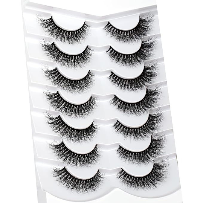 Pooplunch False Eyelashes Cat Eye Look Wispy Lashes Short Natural 8D Extension Volume Soft Faux Mink Lashes Fake Eyelash Strips 7 Pairs Pack