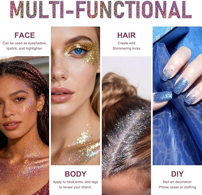 Roll-on Holographic Body Glitter Gel for Face and Hair, Chameleon Color Changing Glitter Gel Under Light, Chunky Mermaid Sequins Festival Party Rave Accessories (Metallic Beauty Beam)