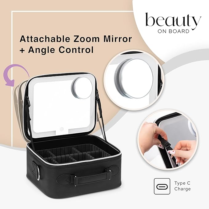 BeautyOnBoard Makeup Bag with LED Mirror, PU Leather Makeup Case - 3 Adjustable Brightness Levels, Lighted Cosmetic Case with Mirror, Dividers - Make Up Portable Storage Travel Organizer with Handle
