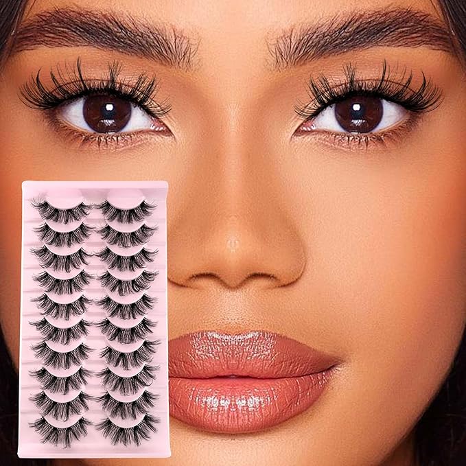 Mink Lashes Fluffy False Eyelashes Volume Wispy Lashes Fake Lashes Natural Look Eyelashes Faux Mink Lashes Strip Eyelash 10 Pairs Pack