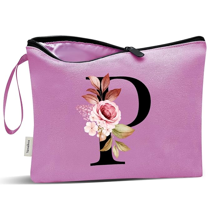 Vavabox A-Z Personalized Makeup Bag, Birthday Gifts for Women Mom, Gifts for Best Friend, Bride Bridesmaid Cosmetic bag (P, Purple)
