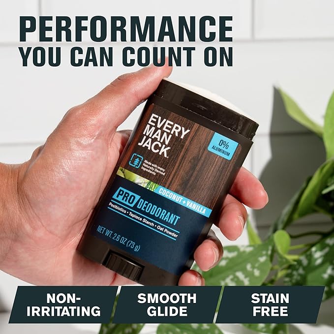 Every Man Jack Men's Pro Deodorant - 48-Hour Odor Defense Blend - Aluminum Free - Contains Postbiotics, Tapioca Starch & Oat Powder - Coconut + Vanilla Scent - 2.6 oz - 1 Pack