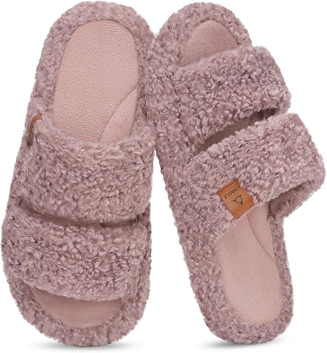 ATHMILE House Slippers for Women with Platform Memory Foam Arch Support Open Toe, Fuzzy Fluffy Cozy Womens Slippers for Home Indoor Outdoor Bedroom Ladies Christmas Gifts Pantuflas Para Mujer