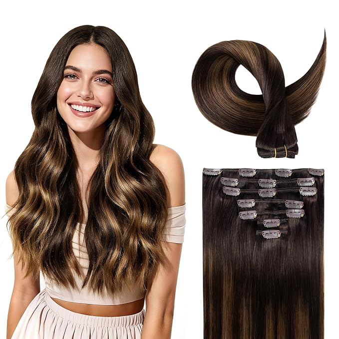 Clip in Hair Extensions Real Human Hair, Silky Remy Hair Extensions Clip Ins, Salon Quality Straight Human Hair for Women, Dark Brown to Chestnut Brown #2TP6/2 24Inch 120G 7PCS