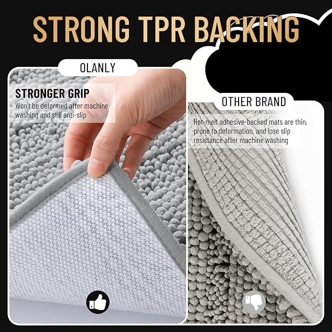 OLANLY Thick Bathroom Rugs 24x16, Extra Soft Absorbent Chenille Striped Bath Rugs, Rubber Backing, Machine Wash Dry, Bath Mats for Bathroom Floor, Tub and Shower, Home Decor Accessories, Light Grey