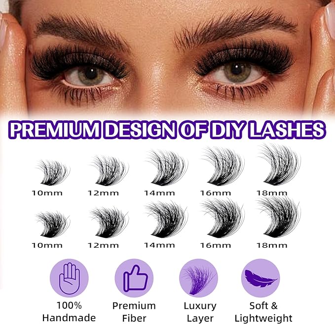 B&Q Fluffy Lash Clusters 100 200D Thick Lashes Eyelash Extensions Volume Lash Clusters 10-18mm Salon-style Dramatic Fluffy Lashes 280pcs Suitable for Beginners Makeup at Home(Lash-100+200D)