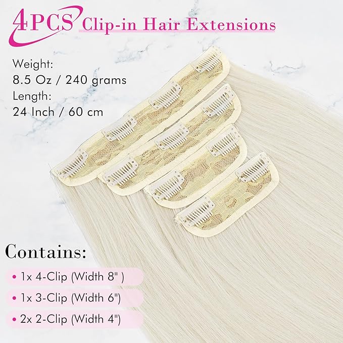 REECHO Hair Extensions, 24" Straight Long Thick 4 PCS Set Thick Clip in on Hair Extensions -Platinum Blonde
