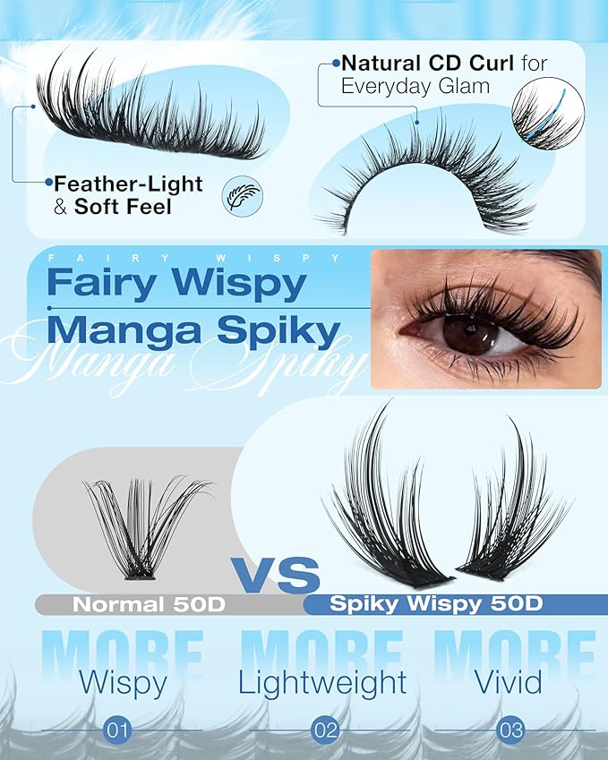Natural Lash Clusters Kit Wispy Lash Extension Kit 50D Fairy Eyelash Clusters Kit with Spikes Manga Cluster Eyelash Extensions Kit 12-18mm Individual Lashes Clusters by Delyneph