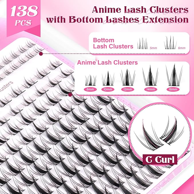 Fairy Lash Clusters Kit 8-16mm Manga Eyelash Clusters with 5-6mm Bottom Lashes C-curly Lash Extension Kit Spiky Anime Individual Lashes DIY Cluster Eyelash Extensions Kit Natural Thin Band Lash Kit