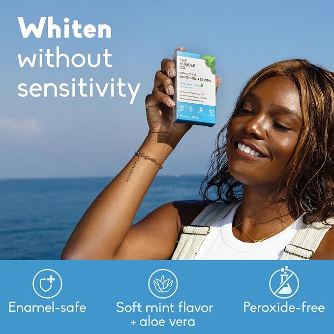 The Humble Co Advanced Teeth Whitening Strips – Sensitive Teeth Whitening Strips - Gentle Enamel Safe & Peroxide Free Tooth Whitener - Dental Oral Care Products & Essentials -14 Treatments, 28 Count