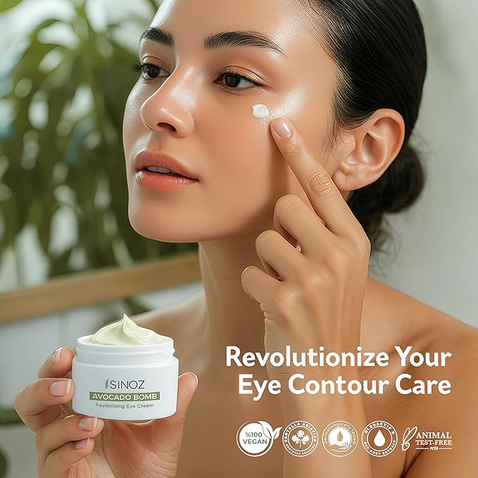 sinoz Avocado Caffeine Eye Cream for Dark Circles & Puffiness, Lightweight Under Eye Moisturizer, Vegan Daily Care, 0.5 fl oz (15 ml)