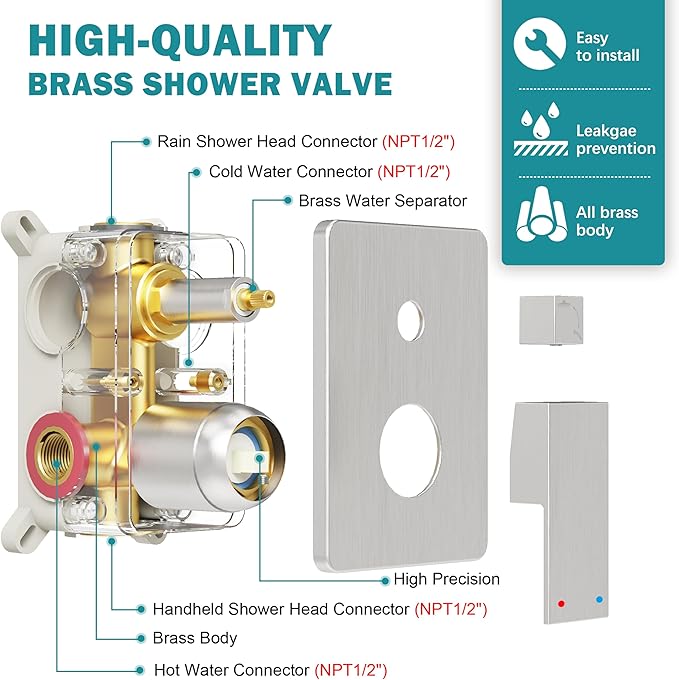 HoliSpa Shower System, Brushed Nickel Shower Faucet Set with 12-Inch Rain Showerhead and Handheld Spray, Wall Mounted High-Pressure Showerhead Combo Set Included Valve and Trim, Brushed Nickel