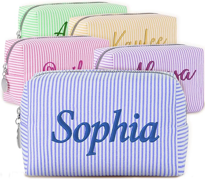 Yofair Personalized Makeup Bag with Name, Large Capacity Travel Toiletry Case Teen Girl Gift Trendy Stufff Custom Seersucker Cosmetic Bags Wedding Birthday Gifts for Girls Women
