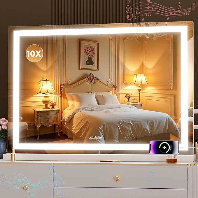 MINISO Vanity Mirror with Lights,37"x25.6"LED Makeup Mirror with Bluetooth Speaker,Touch Sensor,3 Light Colors,Dimmable,Metal Frame,with 10X Magnifying Glass,Rectangular White